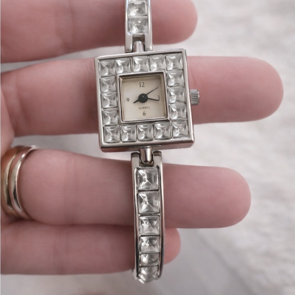 Yves Rocher Silver Tone Rhinestone Square Watch | Vintage Style Bracelet Watch